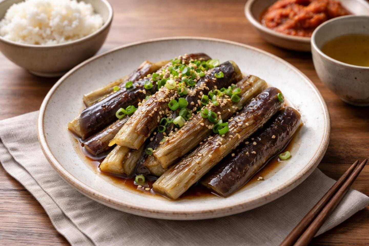 A plate of Korean steamed eggplant side dish garnished with green onions and sesame seeds, served with rice, kimchi, and tea on a wooden table.