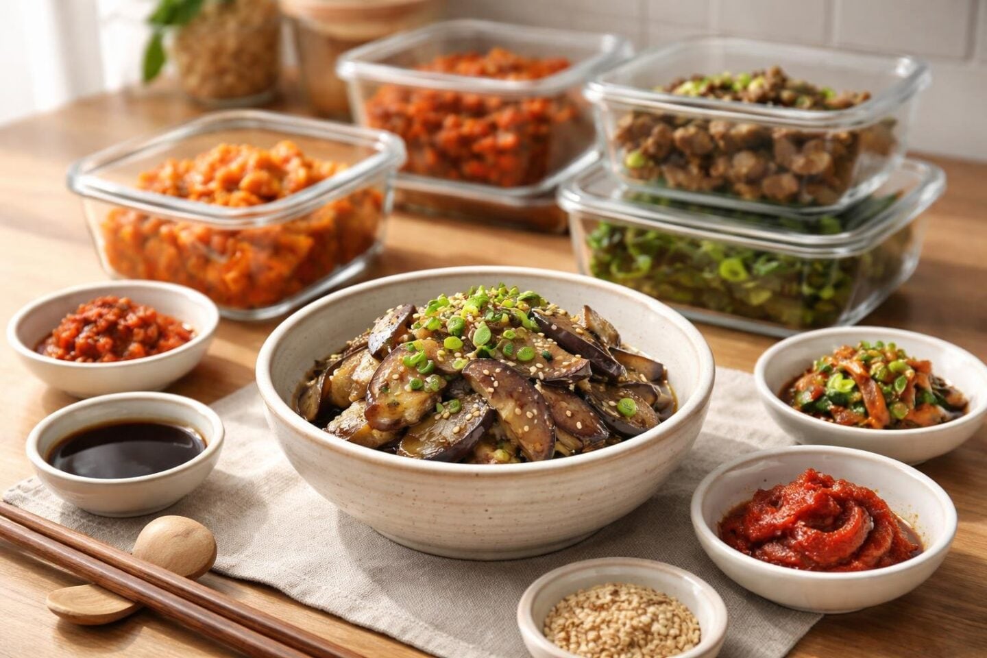 A bowl of Korean steamed eggplant side dish with sesame seeds and green onions on a wooden countertop, surrounded by small dishes and glass storage containers with leftovers.