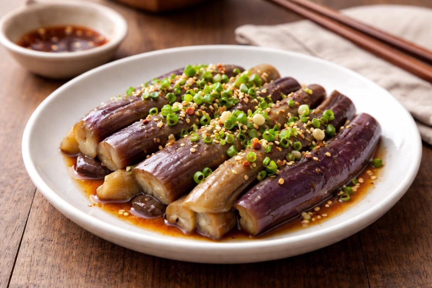 A plate of Korean steamed eggplant side dish garnished with green onions and sesame seeds on a wooden table.