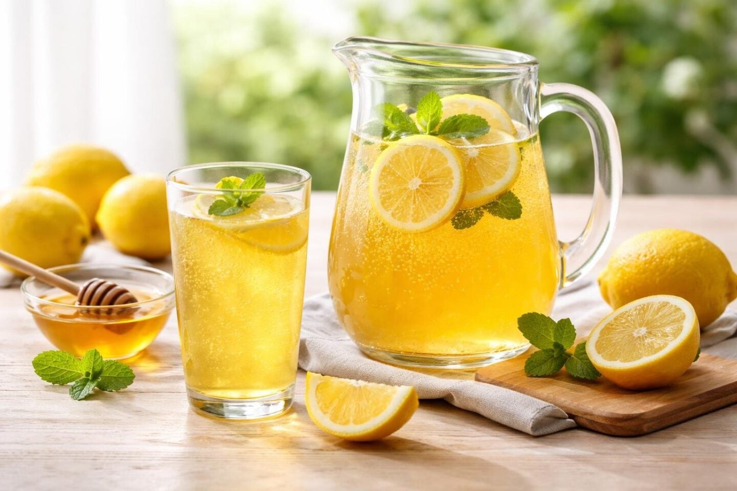 A glass pitcher and glass of golden lemon mead with lemon slices and mint on a wooden table surrounded by fresh lemons and honey.