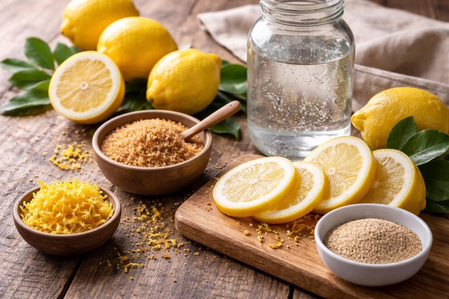 A collection of fresh lemons, lemon zest, brown sugar, active yeast, and sparkling water arranged on a wooden table.