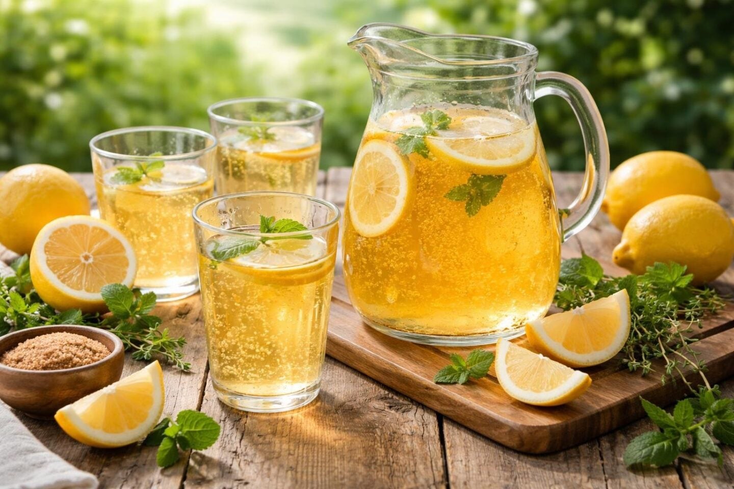 A wooden table with a pitcher and glasses of golden lemon mead surrounded by fresh lemons and herbs.