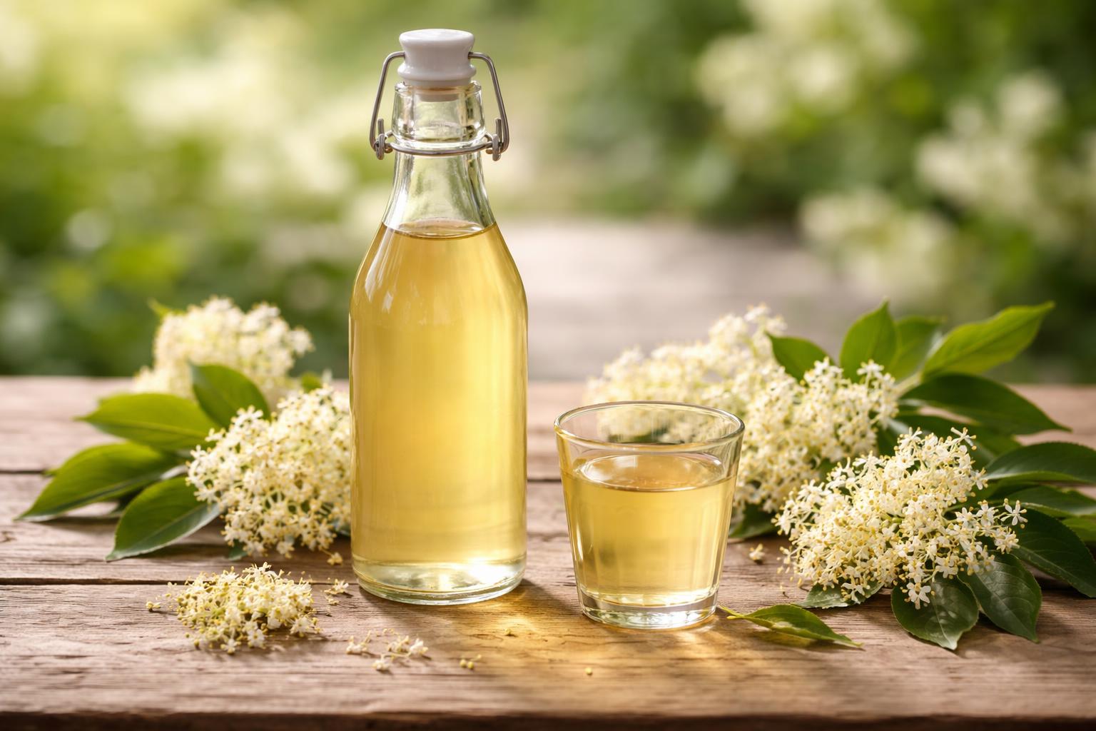 A glass bottle and glass of elderflower cordial on a wooden table surrounded by fresh elderflower blossoms and green leaves.