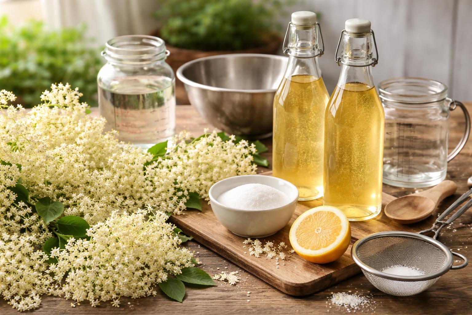 Fresh elderflower blossoms, lemons, sugar, glass bottles of cordial, and kitchen utensils arranged on a wooden table.
