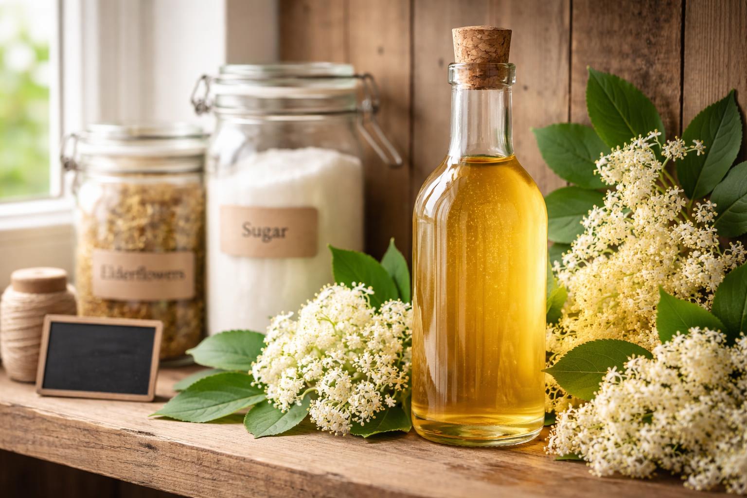 A glass bottle of elderflower cordial on a wooden shelf surrounded by fresh elderflowers and storage jars in a kitchen setting.