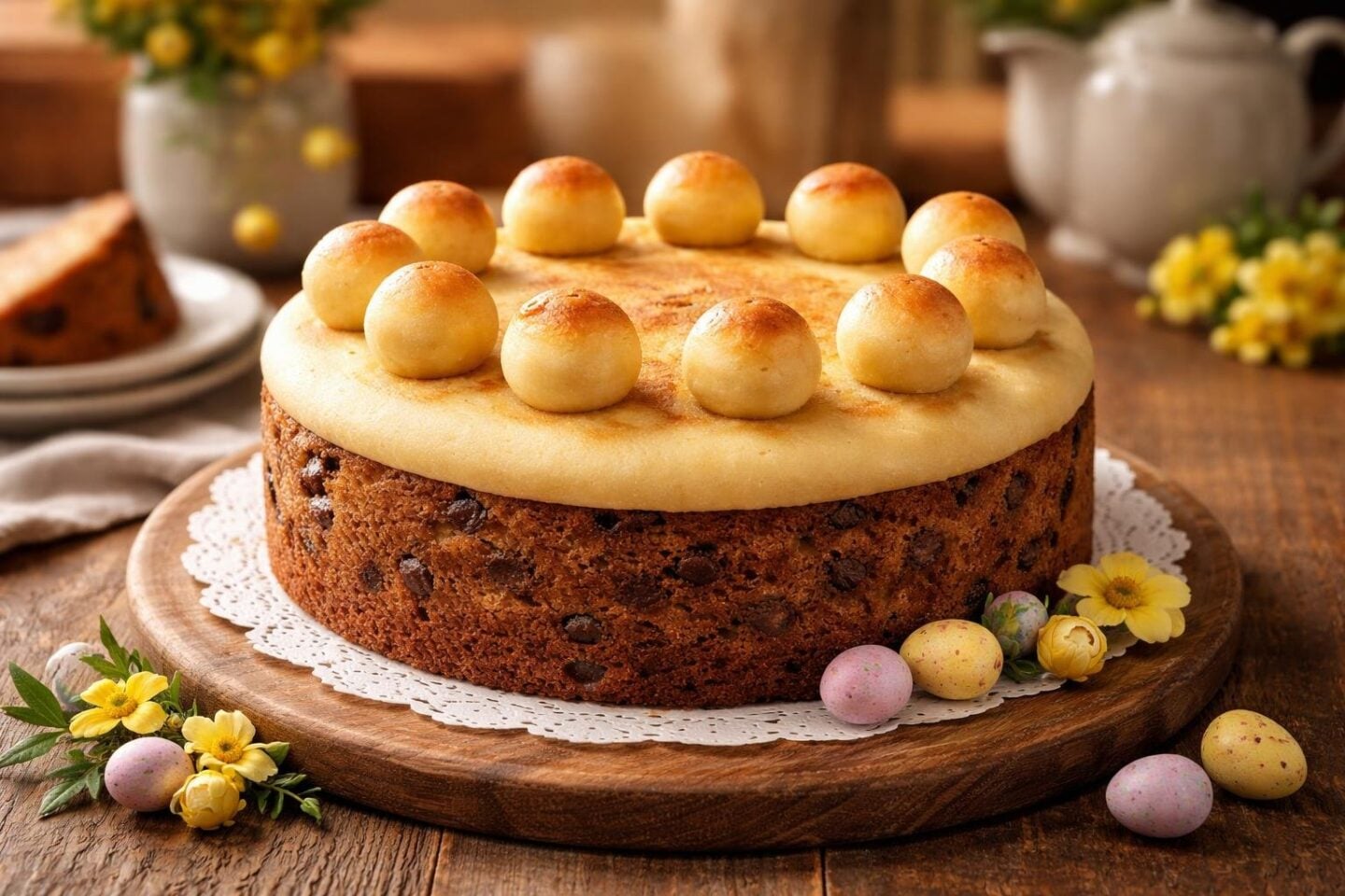 A round simnel cake topped with 11 marzipan balls on a wooden table with a teapot and a slice of cake in the background.