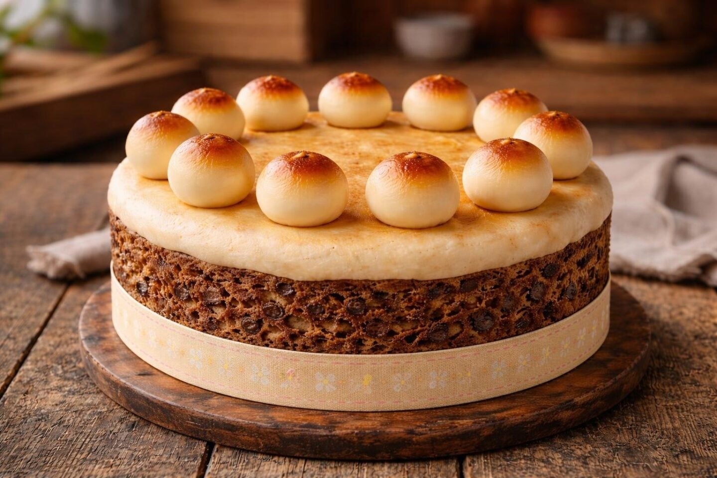 A round simnel cake with marzipan icing and eleven marzipan balls on top, placed on a wooden table in a kitchen setting.