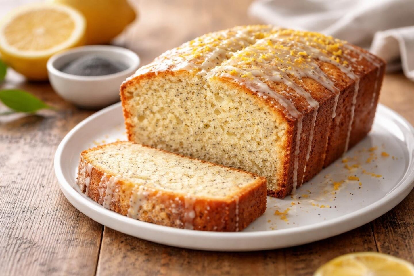 A lemon poppy seed cake on a white plate with a slice cut out, placed on a wooden table with a lemon and poppy seeds in the background.