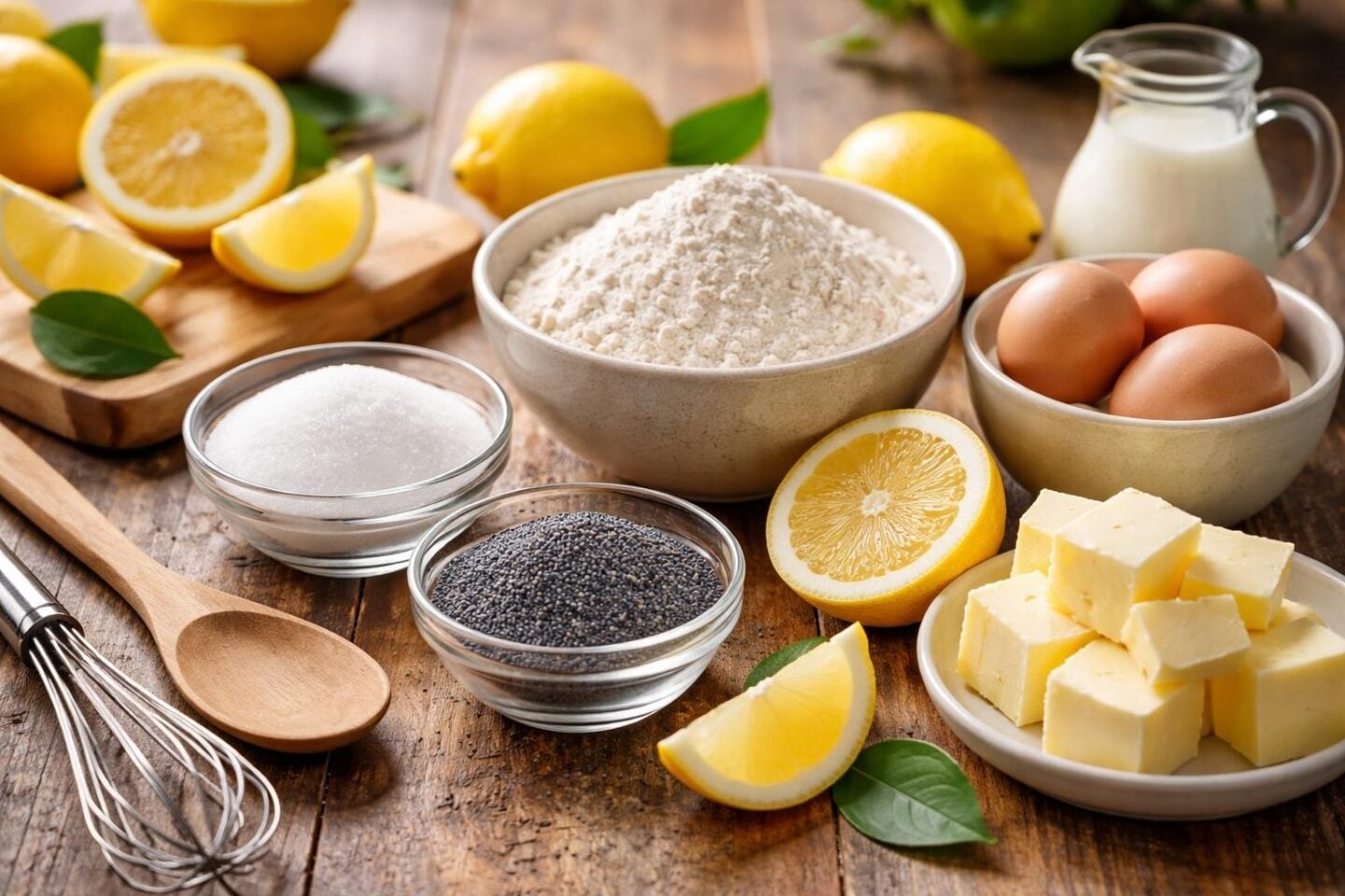 Fresh lemons, poppy seeds, flour, eggs, and sugar arranged on a wooden table with kitchen utensils.