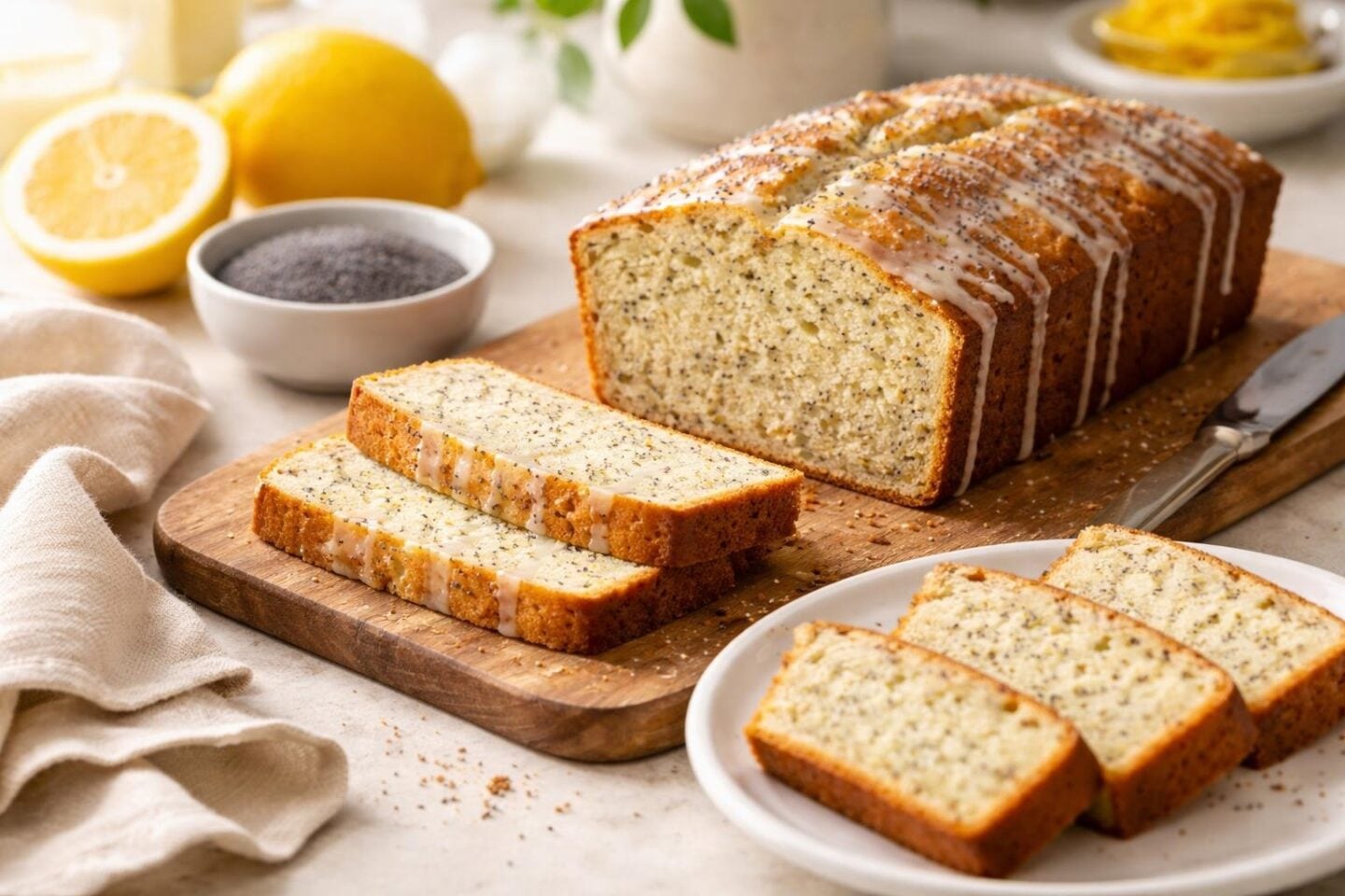 A lemon poppy seed cake on a wooden board with sliced pieces on a plate, surrounded by lemons and poppy seeds.