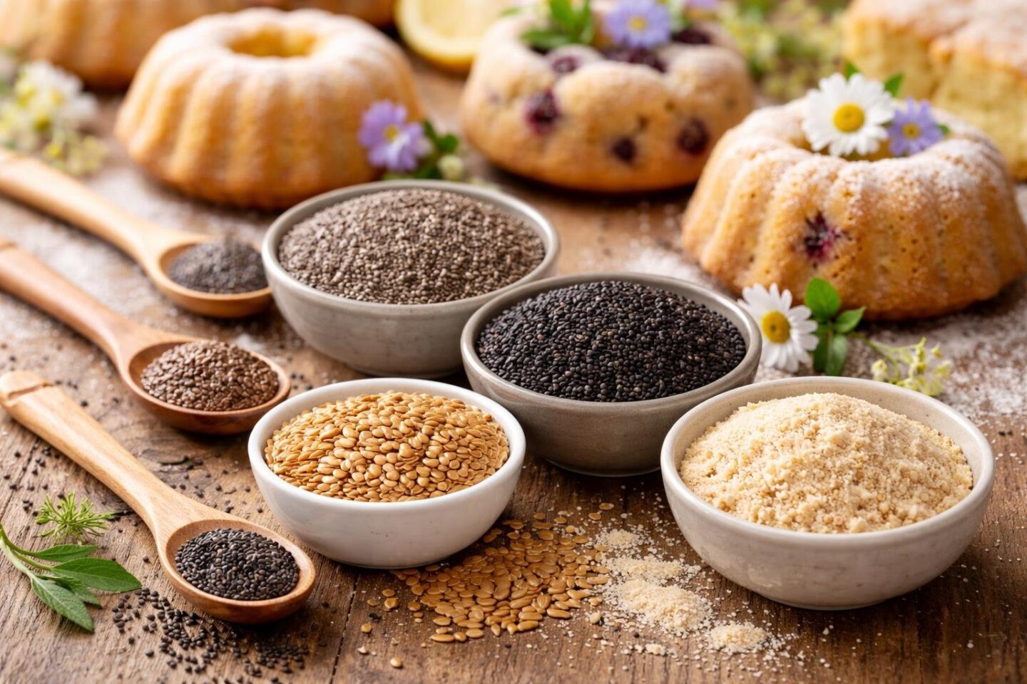 Close-up of bowls with various seeds and freshly baked spring cakes on a wooden table.