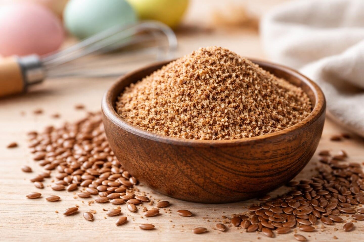 A wooden bowl filled with finely ground flaxseed powder surrounded by whole flaxseeds on a wooden surface with blurred baking ingredients in the background.
