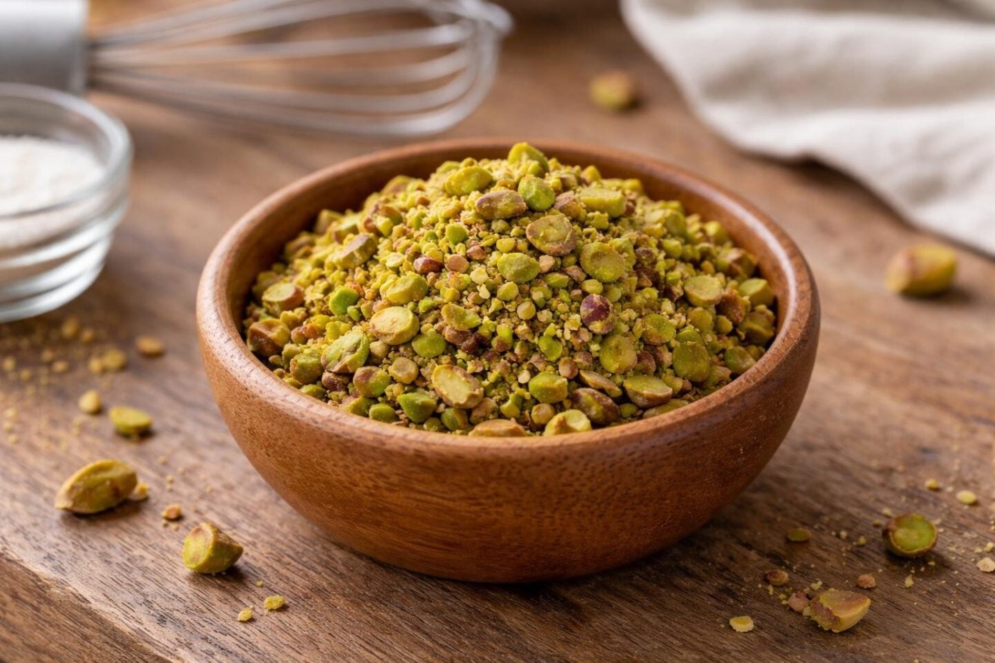 Small wooden bowl filled with finely chopped pistachios on a wooden surface with baking ingredients in the background.