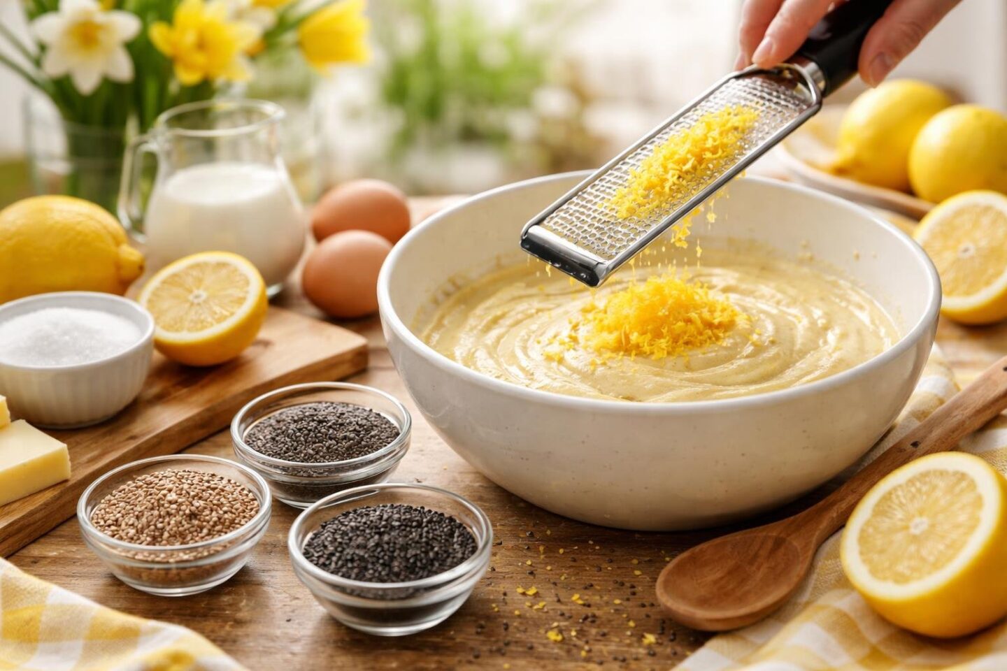 A bowl of cake batter being sprinkled with lemon zest on a wooden table surrounded by small bowls of chia seeds, black sesame seeds, and flaxseeds with spring flowers in the background.