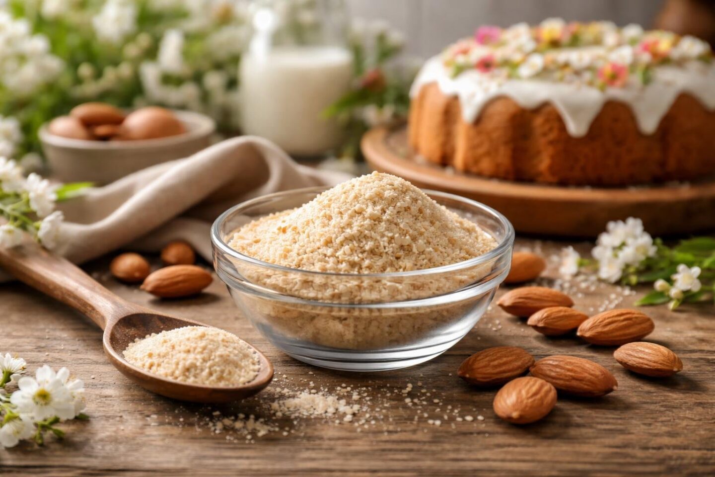 A bowl of almond flour with whole almonds and a wooden spoon on a table next to a decorated spring cake and fresh flowers.