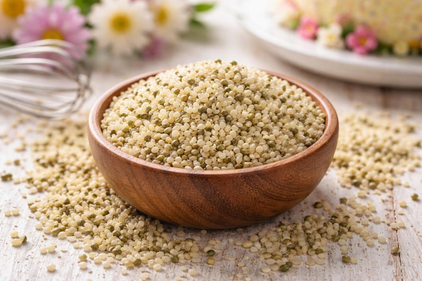 A wooden bowl filled with hulled hemp seeds on a wooden surface, surrounded by scattered seeds and spring cake ingredients in the background.