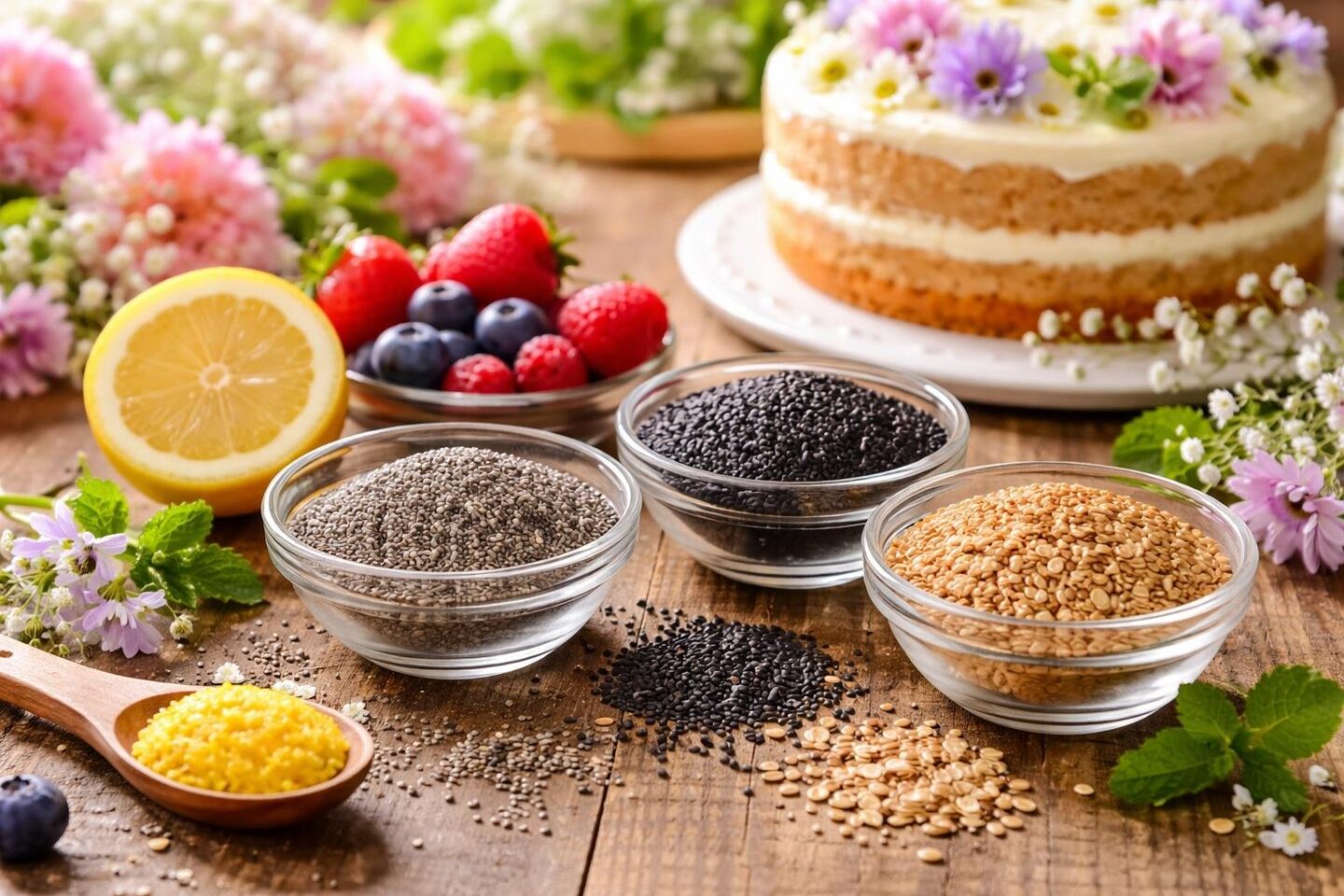 A wooden table with bowls of chia seeds, black sesame seeds, and flaxseeds alongside fresh berries and a partially decorated spring cake.