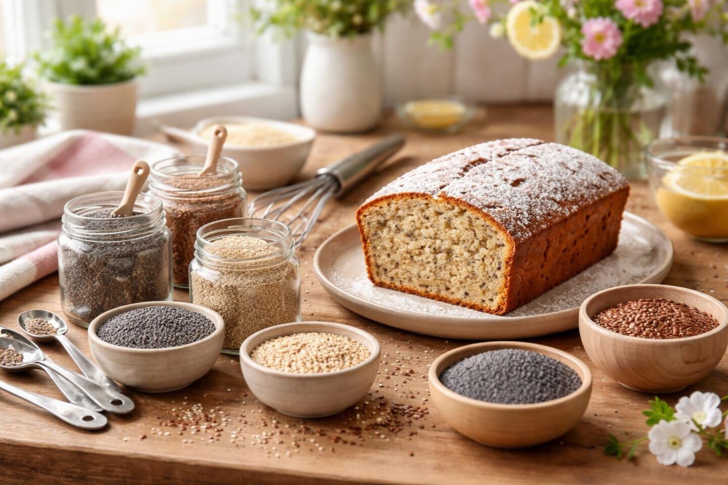 A kitchen countertop with a freshly baked spring cake surrounded by bowls and jars of various seed substitutes like chia, sesame, and flaxseeds.