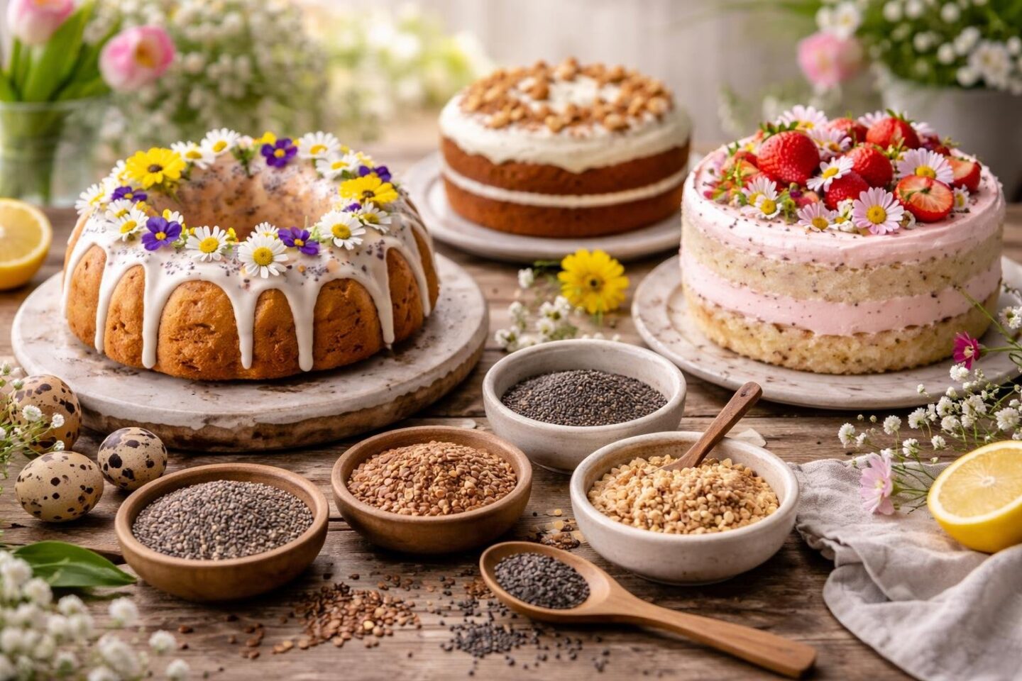 A table displaying spring cakes decorated with flowers and bowls of poppy seed substitutes like chia seeds, sesame seeds, flaxseeds, and nuts.