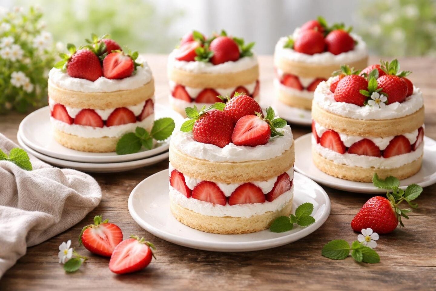 A close-up of small strawberry spring cakes with whipped cream and fresh strawberries on a wooden table.