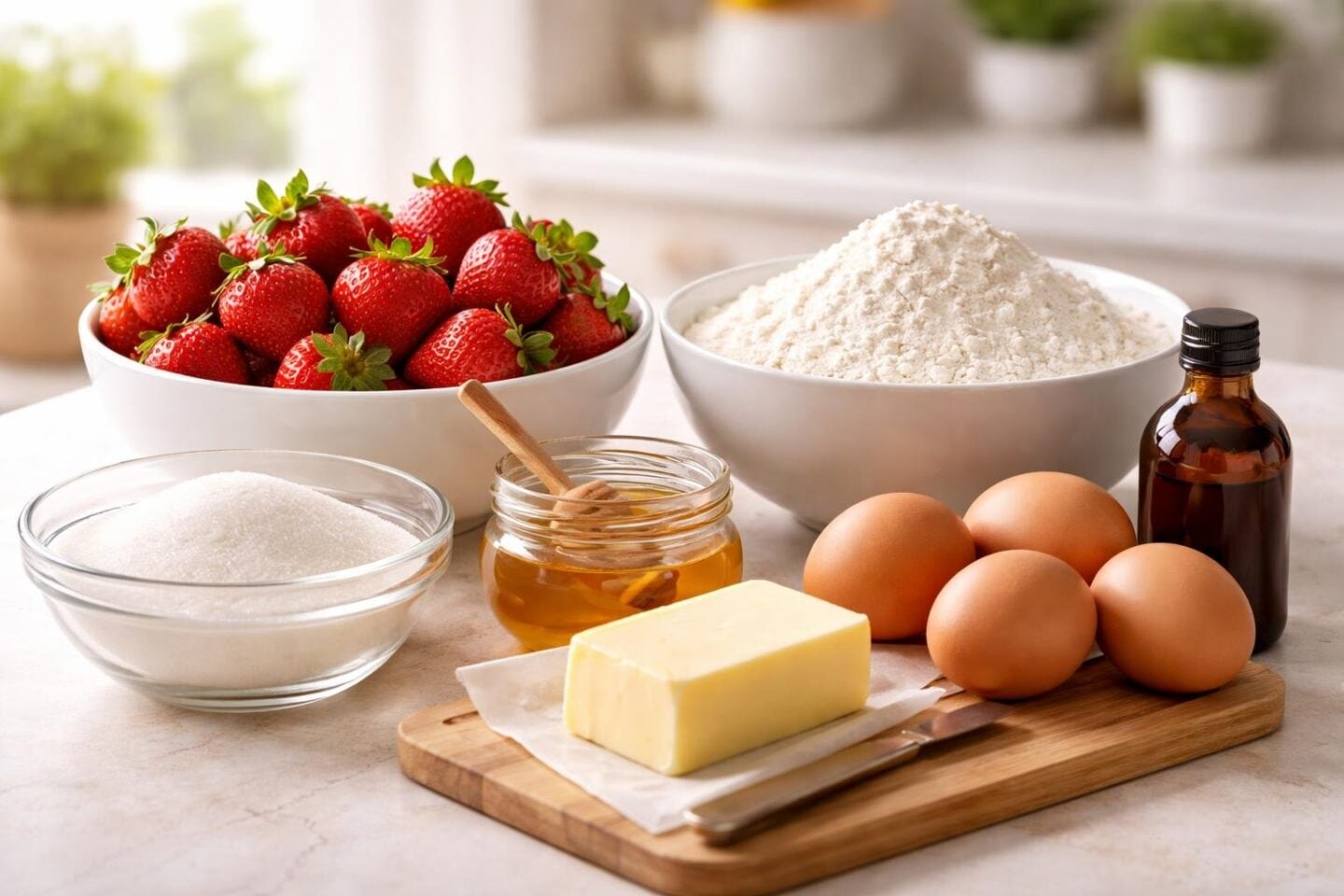 A collection of fresh strawberries, flour, honey, sugar, eggs, vanilla extract, and butter arranged on a kitchen countertop.