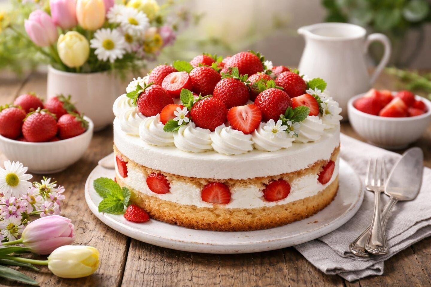 A strawberry spring cake decorated with fresh strawberries and mint leaves on a wooden table with serving utensils and spring flowers nearby.