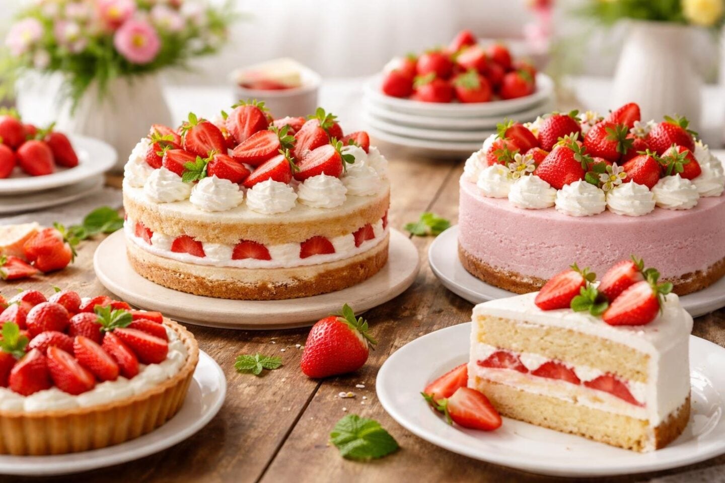 A variety of strawberry spring cakes decorated with fresh strawberries and mint leaves on a wooden table.