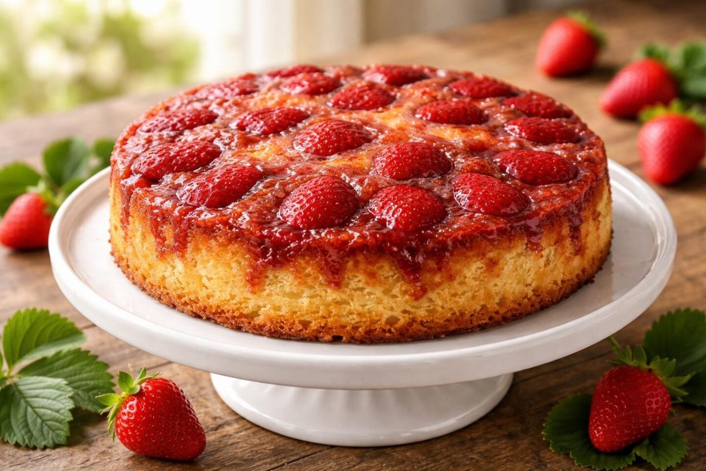 A strawberry upside-down cake on a white cake stand with fresh strawberries on a wooden table.
