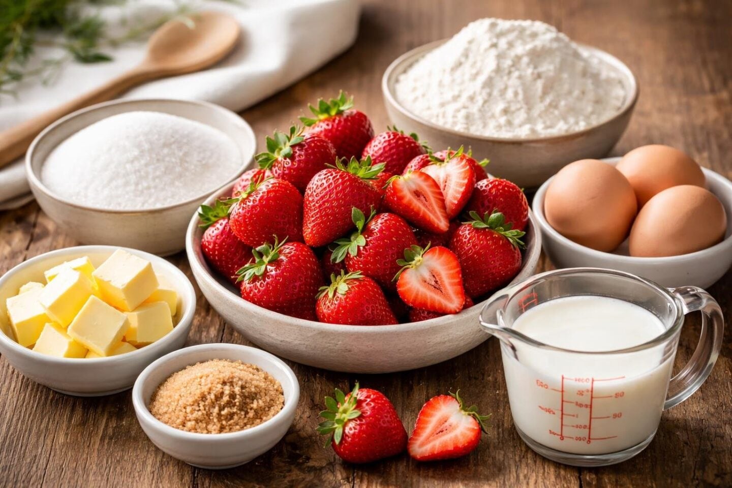 Fresh strawberries and baking ingredients including flour, sugar, eggs, butter, and milk arranged on a wooden table.