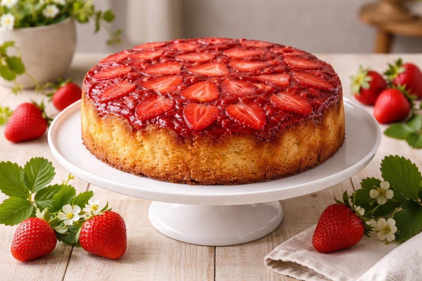 A strawberry upside-down cake on a white cake stand with fresh strawberries around it on a wooden table.