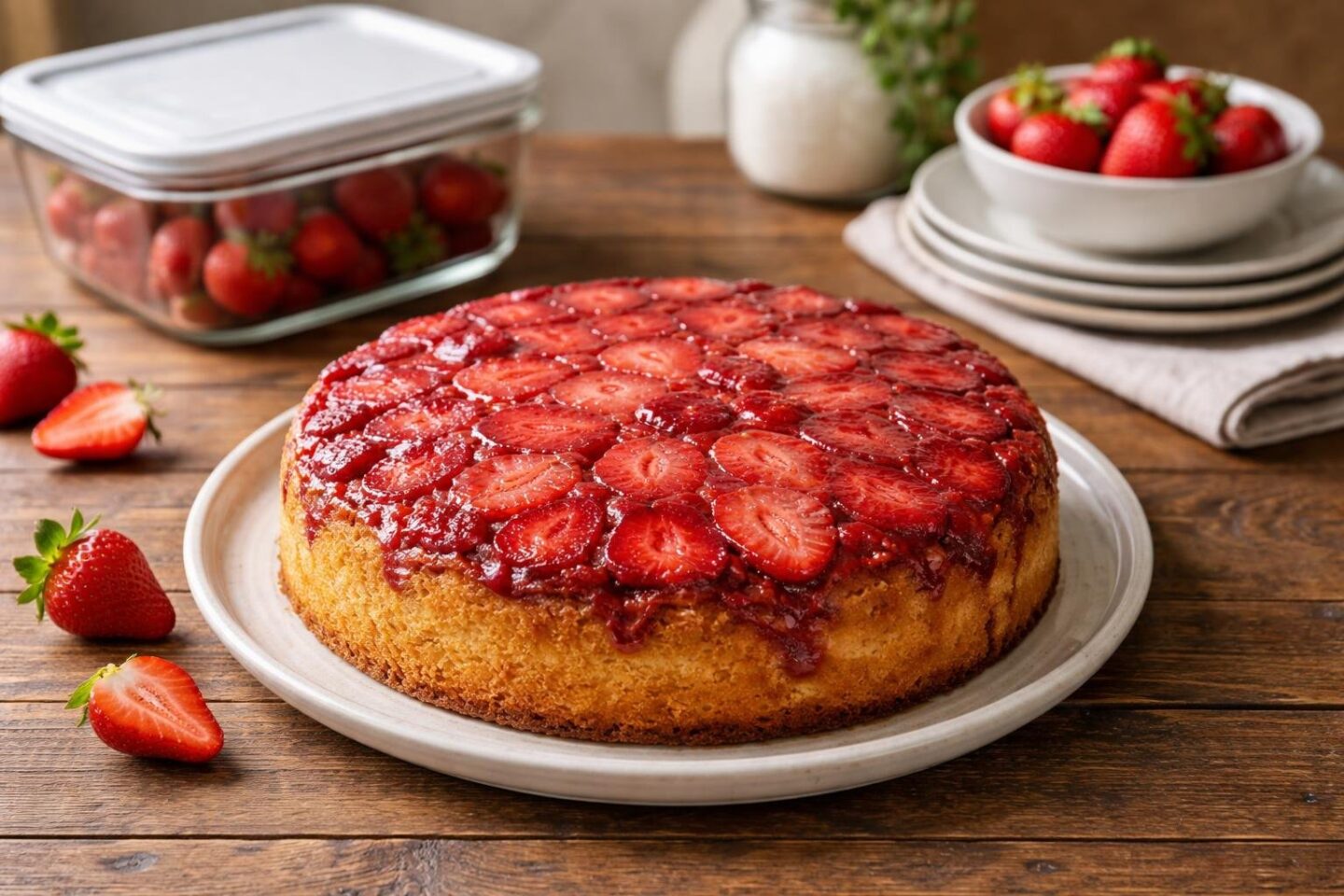 A freshly baked strawberry upside-down cake on a wooden table with storage containers and plates nearby.