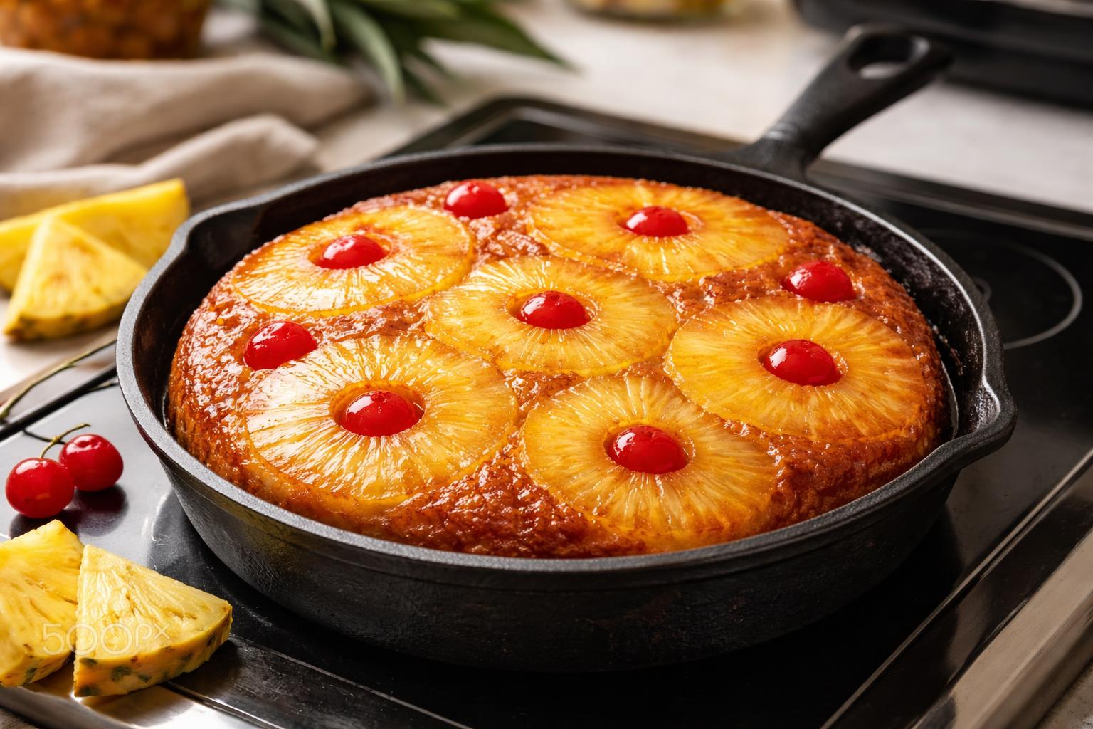 A pineapple upside-down cake with caramelized pineapple rings and cherries in a cast-iron skillet on a stovetop.