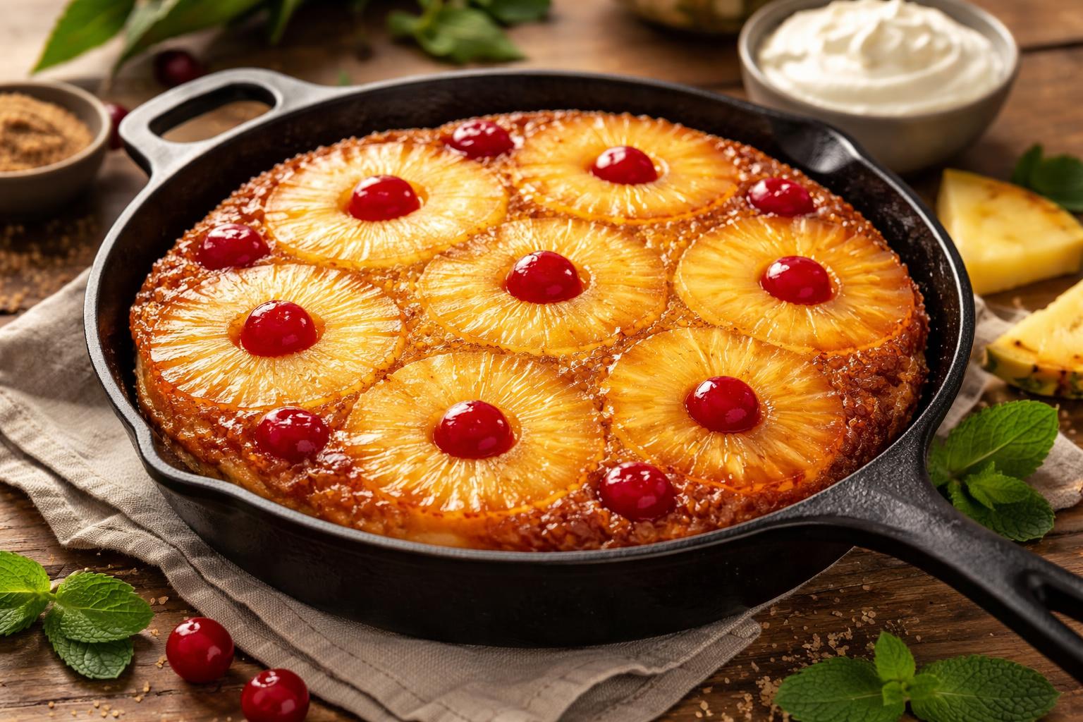 A pineapple upside-down cake in a cast-iron skillet on a wooden table, garnished with mint leaves and accompanied by whipped cream.