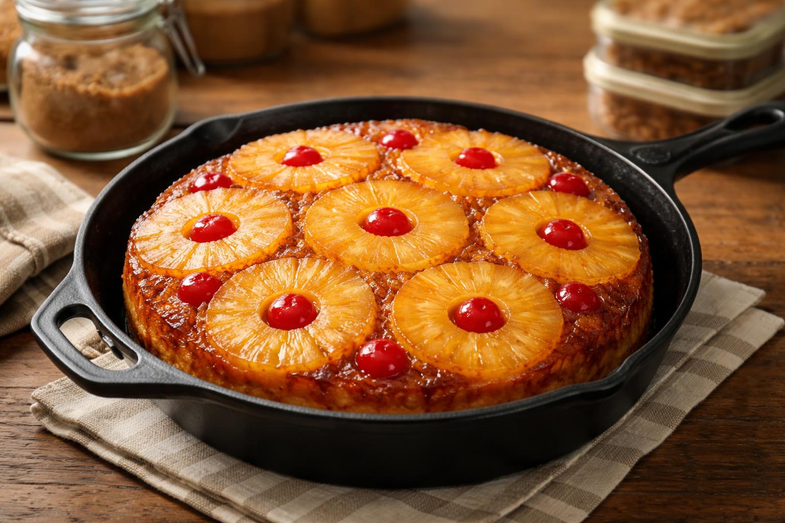 A pineapple upside-down cake in a cast-iron skillet on a wooden countertop with kitchen items nearby.