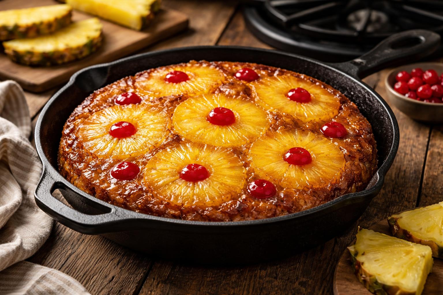A pineapple upside-down cake in a cast-iron skillet on a wooden table with pineapple slices nearby.