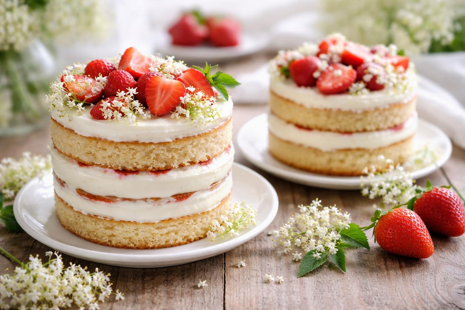 Close-up of spring cakes decorated with elderflower blossoms and fresh strawberries on a wooden table.