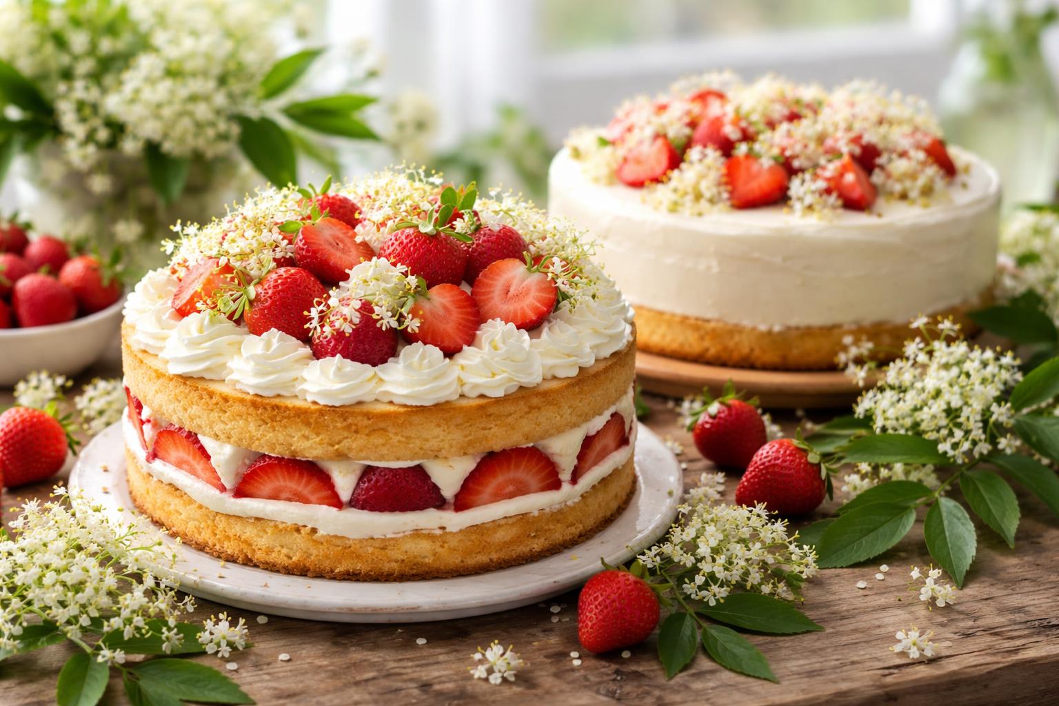 A display of elderflower and strawberry spring cakes decorated with fresh flowers and strawberries on a wooden table.