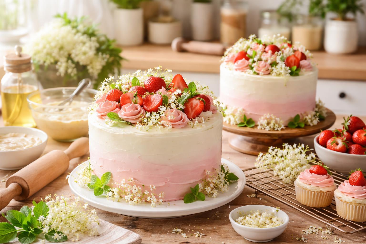 Two elderflower and strawberry decorated cakes on a wooden table surrounded by baking tools and fresh ingredients in a kitchen.