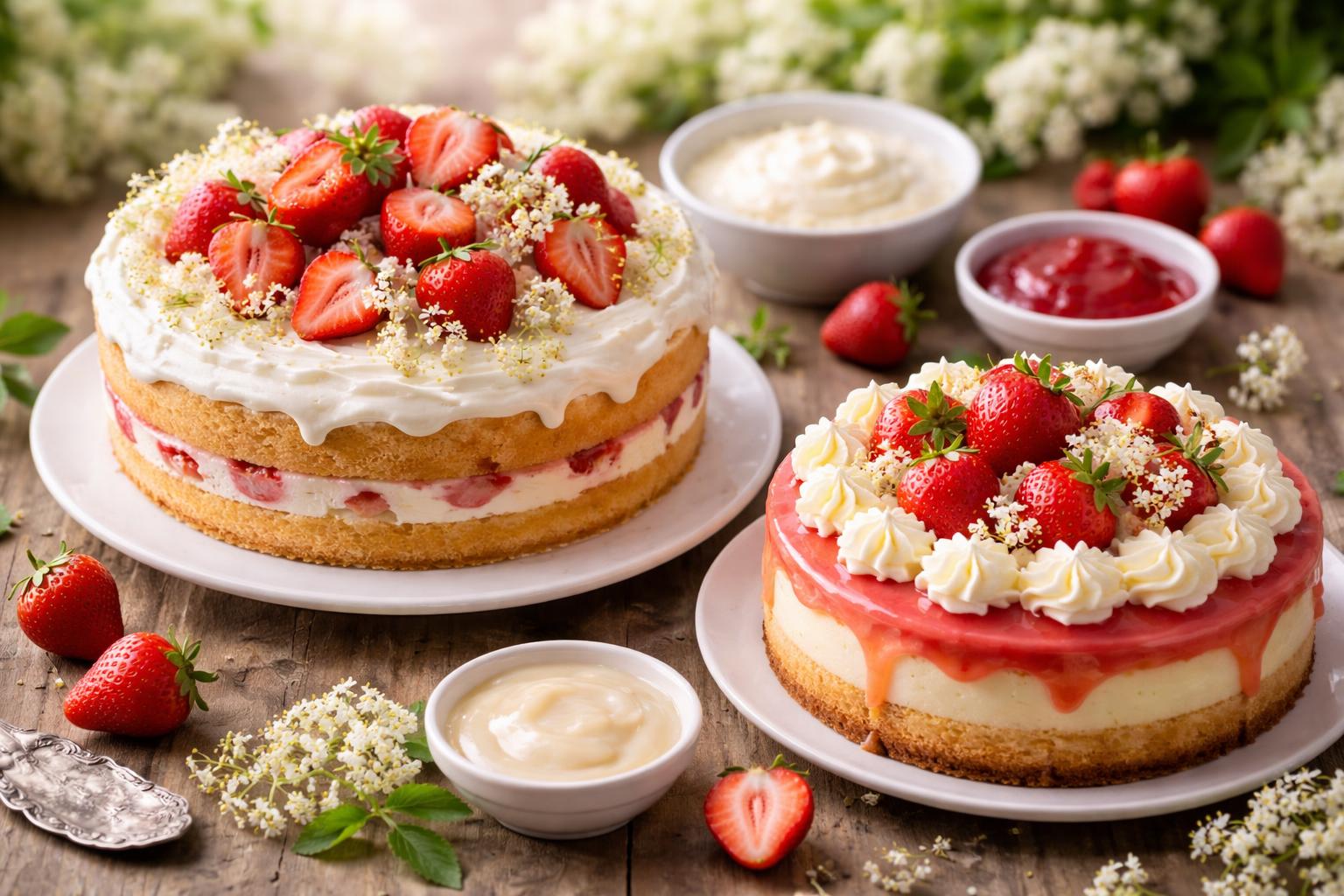 An assortment of elderflower and strawberry spring cakes with frosting and glaze, decorated with fresh strawberries and elderflower blossoms on a wooden table.