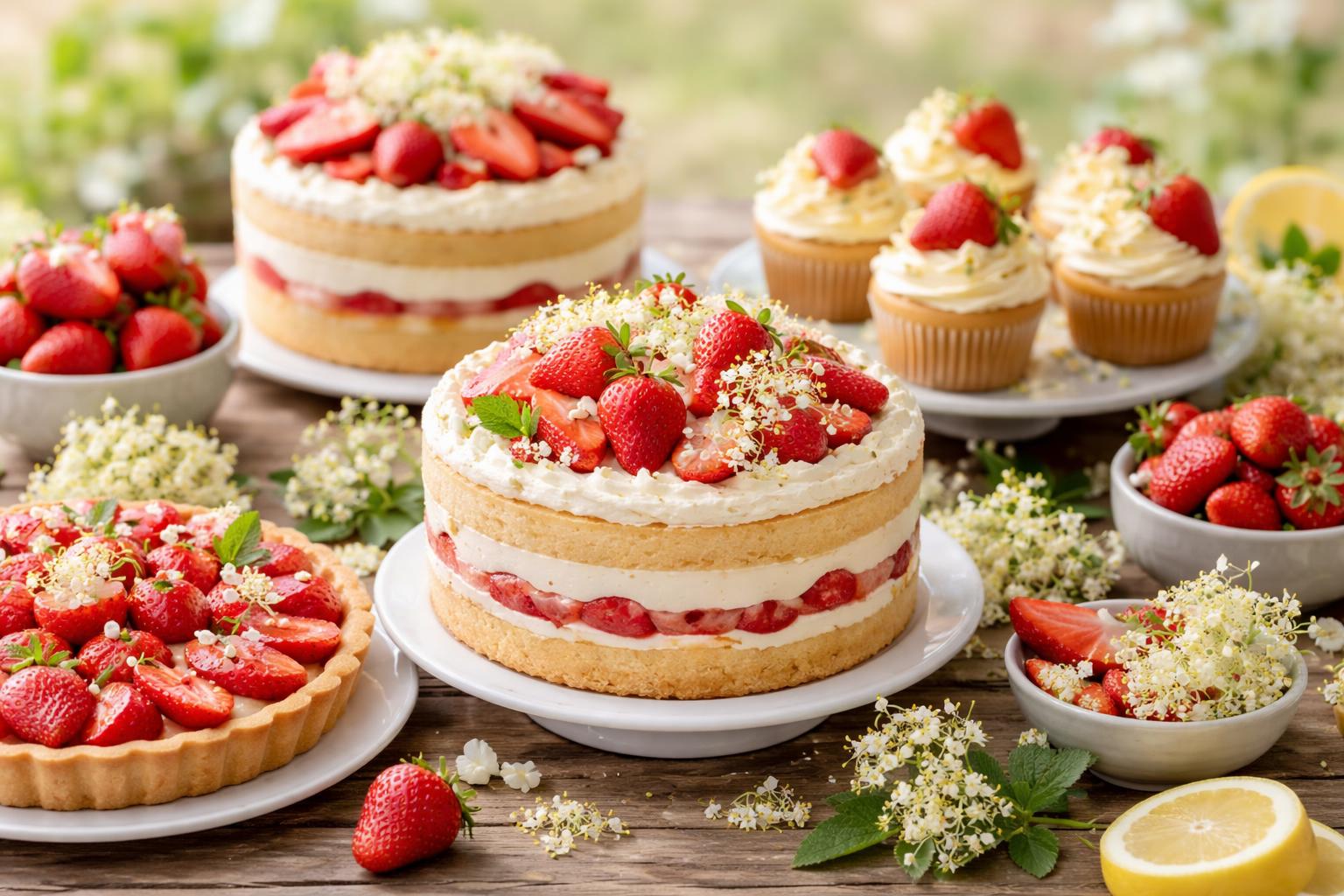 A variety of elderflower and strawberry spring cakes arranged on a wooden table with fresh strawberries and elderflower blossoms.