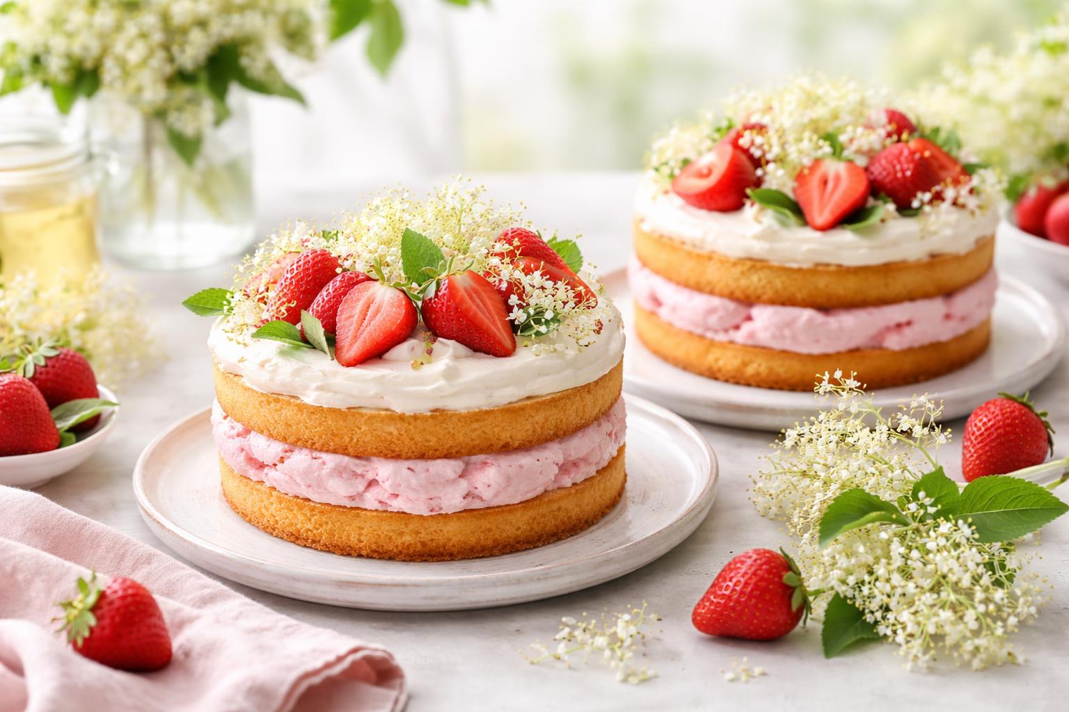A table with elderflower and strawberry cakes decorated with fresh strawberries and elderflower blossoms.