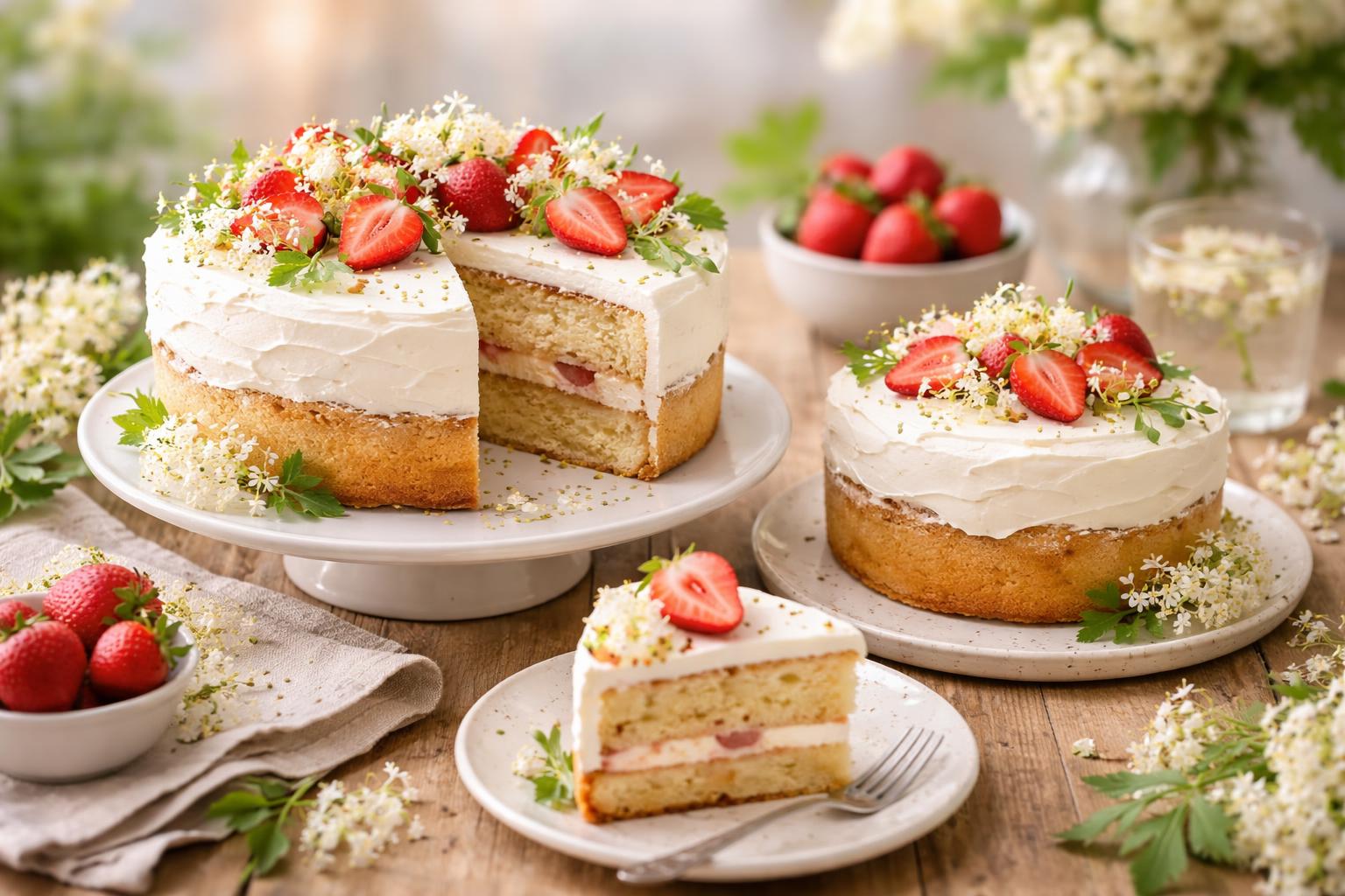 A display of elderflower and strawberry spring cakes decorated with fresh strawberries and elderflower blossoms on a wooden table.