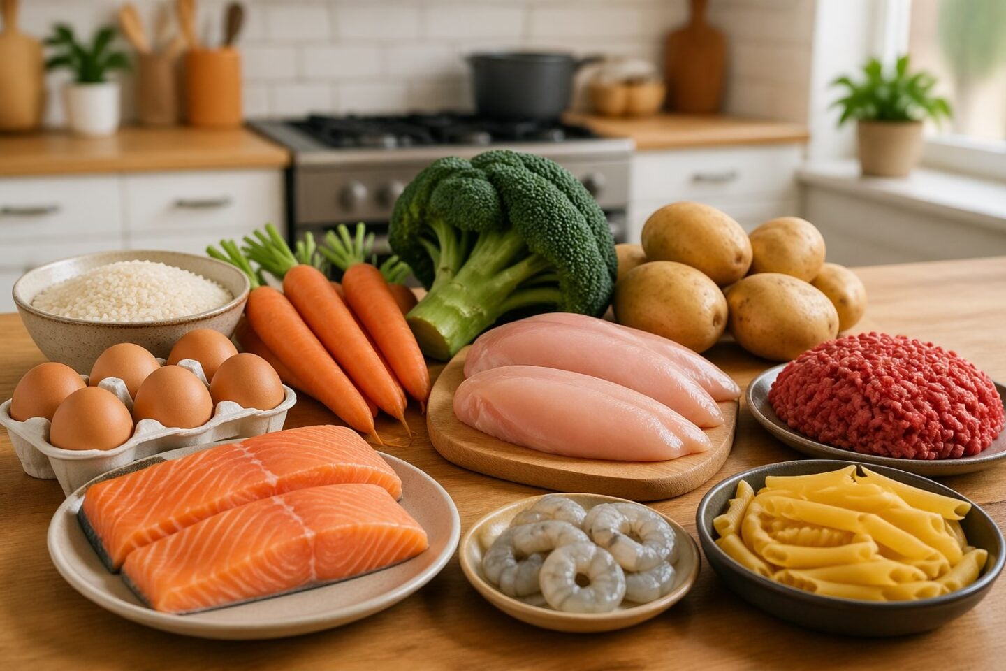 A variety of raw foods including chicken, salmon, shrimp, ground beef, eggs, pasta, rice, and vegetables arranged on a kitchen countertop.
