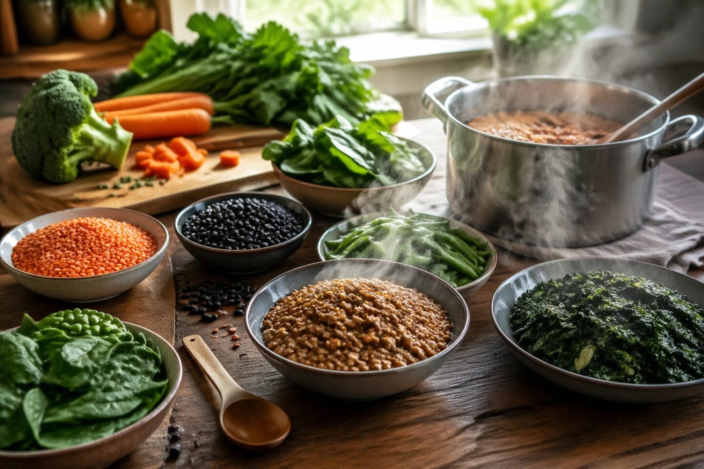 A kitchen counter displaying fresh raw and cooked plant-based foods like beans, lentils, and leafy greens with cooking utensils and steam rising from a pot.