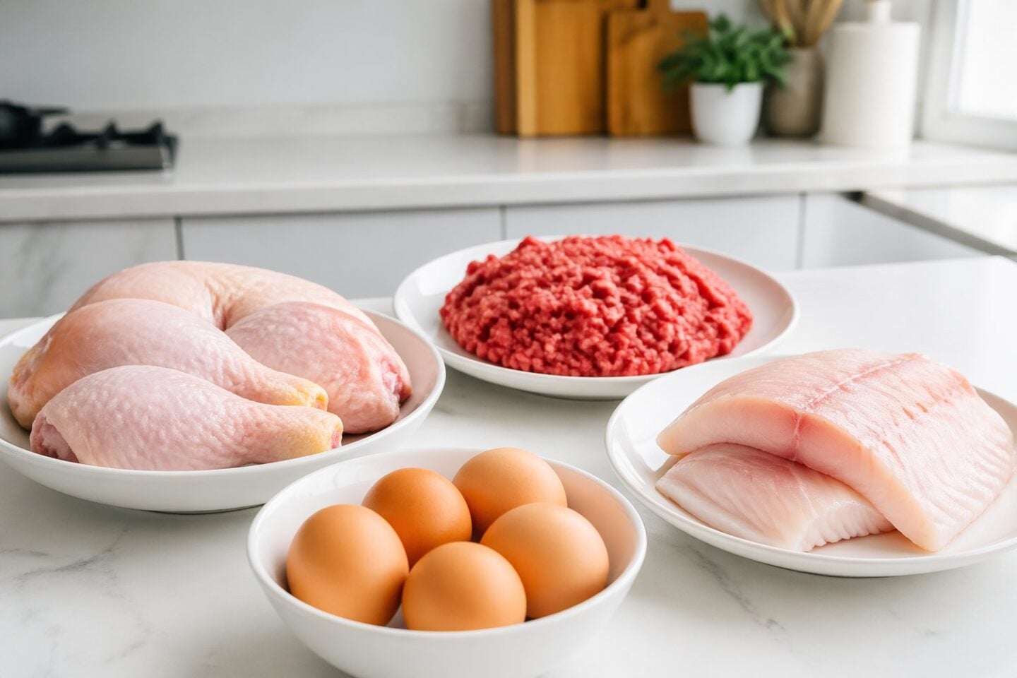 A kitchen countertop with plates of raw chicken, ground beef, fish fillets, and eggs displayed separately.