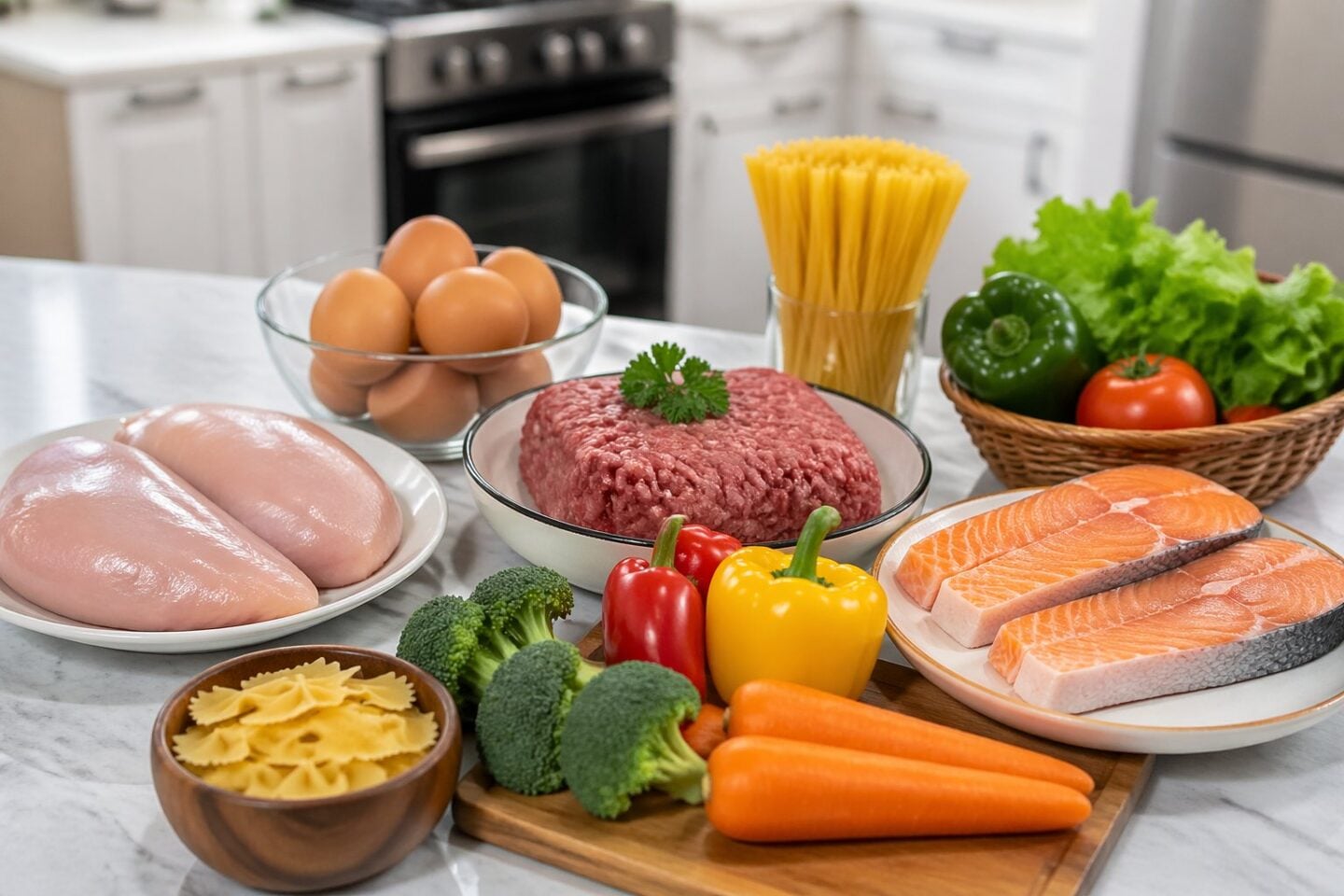 A kitchen countertop with raw chicken, salmon, eggs, ground beef, vegetables, and uncooked pasta arranged neatly.