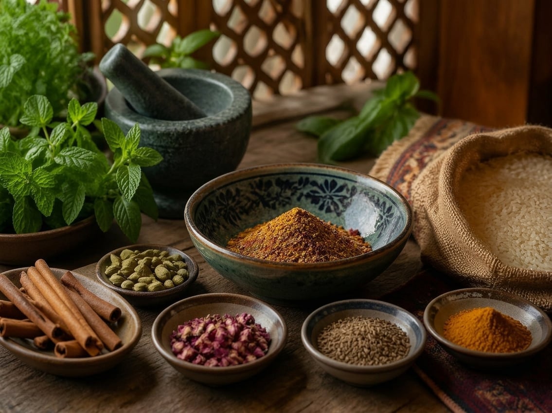 A hand sprinkling a blend of Persian spices into a ceramic bowl surrounded by small bowls of various colorful spices on a wooden kitchen table.