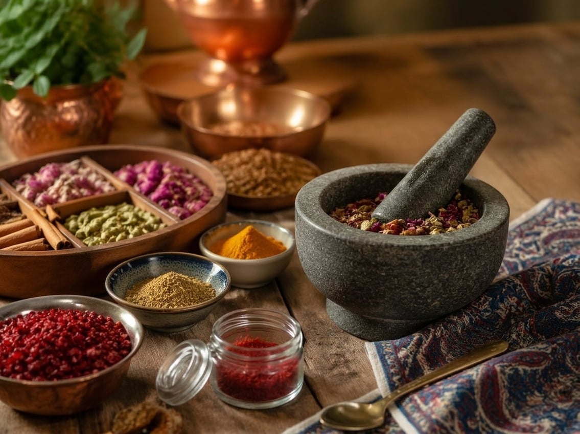 Close-up of hands grinding a mixture of colorful spices on a wooden countertop with small bowls of various spices around.