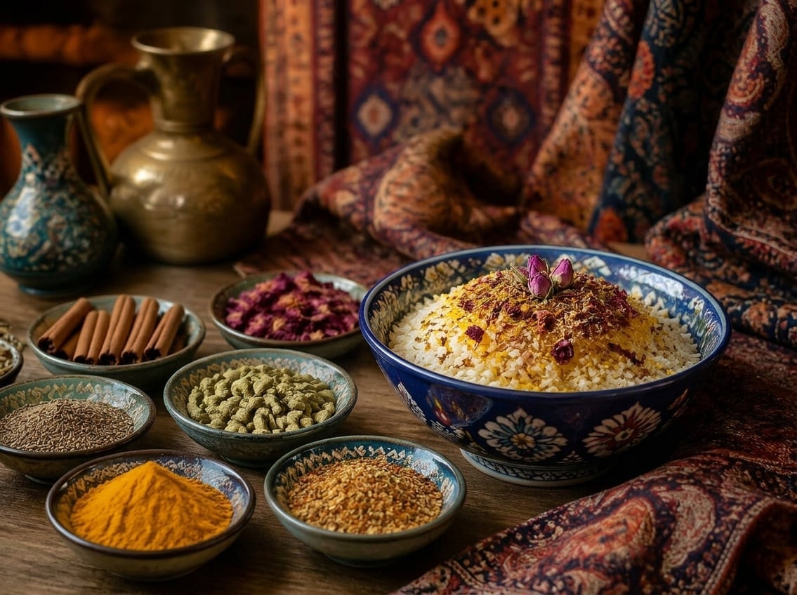 A hand sprinkling a colorful mixture of spices into a bowl of Persian rice surrounded by small bowls of various spices on a wooden table.