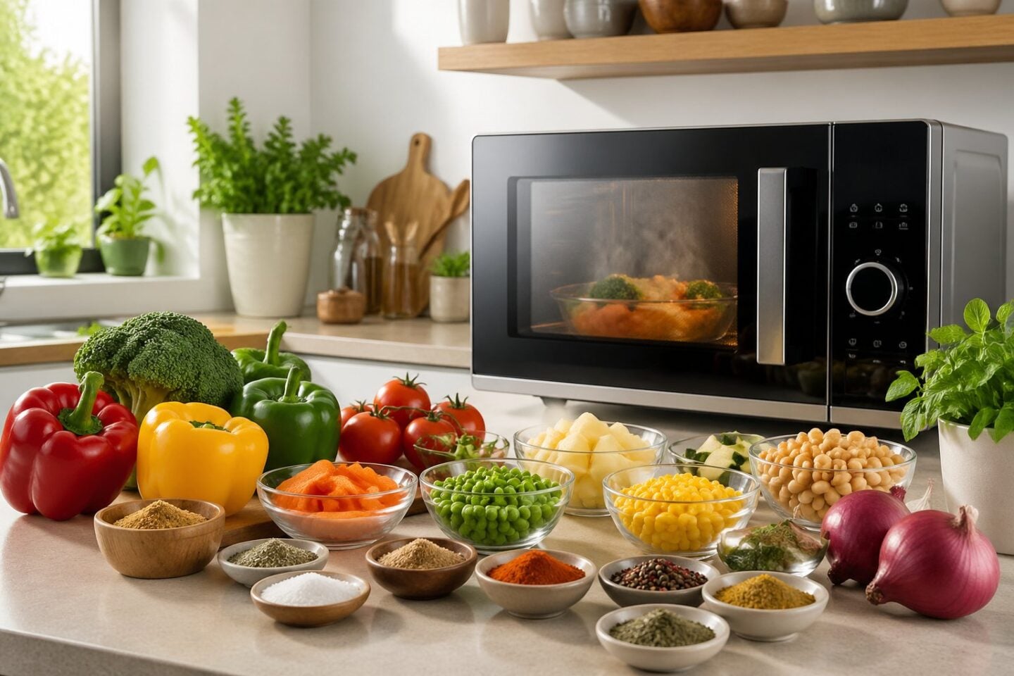 A kitchen countertop with fresh vegetables and spices arranged near a microwave oven with a steaming dish inside.